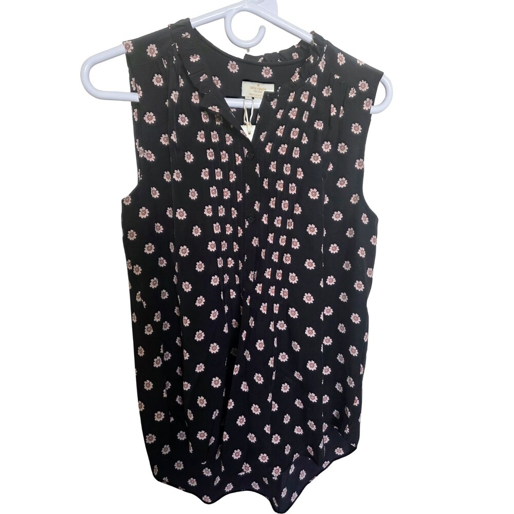 Kate Spade 100% Silk NWT  Pleated Sleeveless Floral Top Blouse Black Pink White